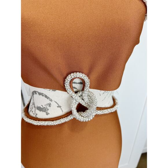 Fashion Nova Luxe NWT Knotty Embellished Bodycon Maxi Dress Cognac Brown Size L - Picture 10 of 14